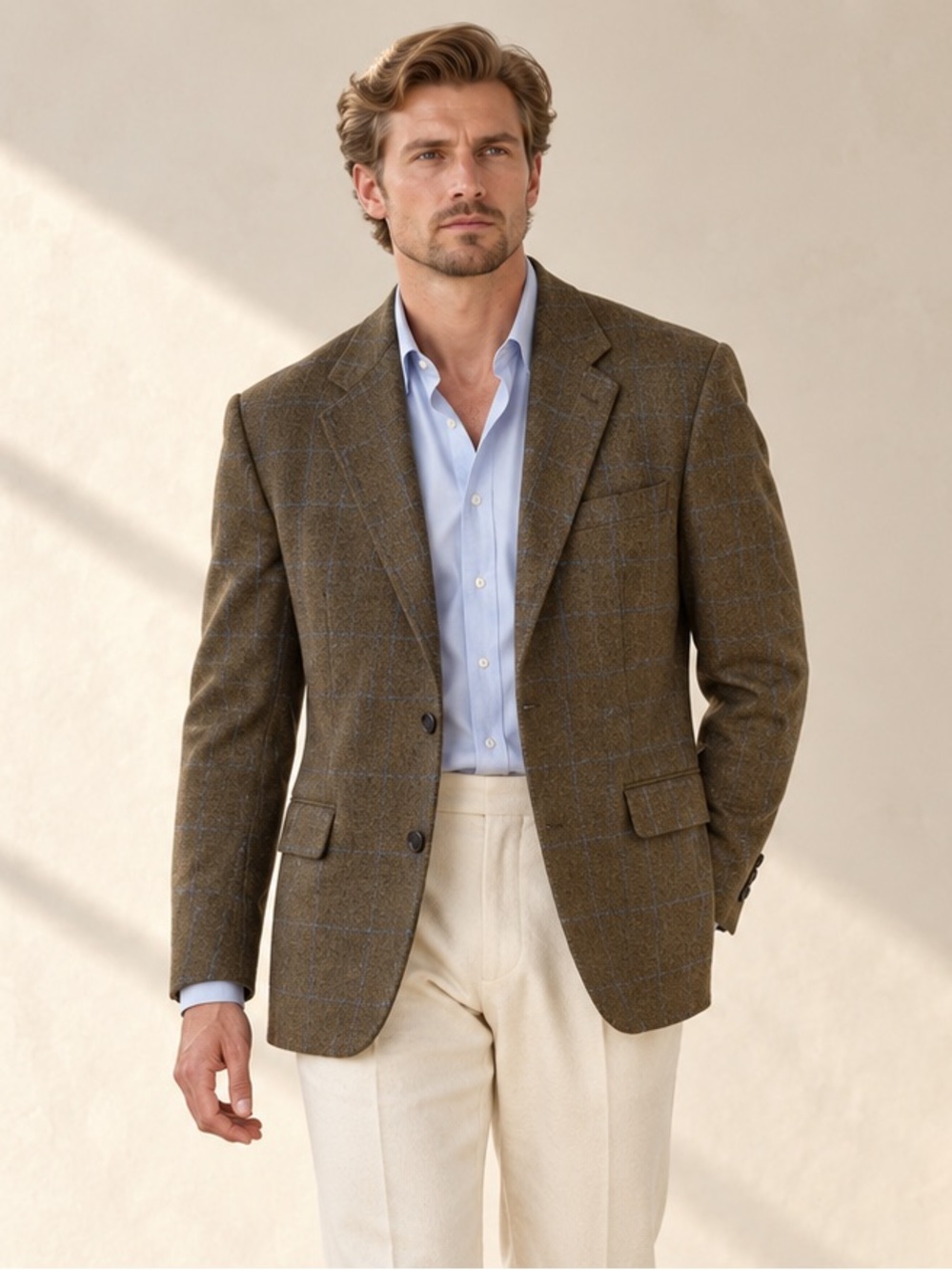 Brown Blue Windowpane Lambswool Cashmere Blazer Heritage Made in Canada Sz 44R
